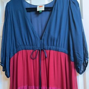 Farm Rio maxi dress w/fitted bodice, 3/4 sleeves,& colorful skirt.